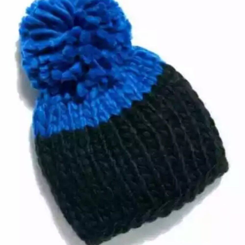 Free People Cozy Up Colorblock Blue and Black Pom Knit Beanie One Size